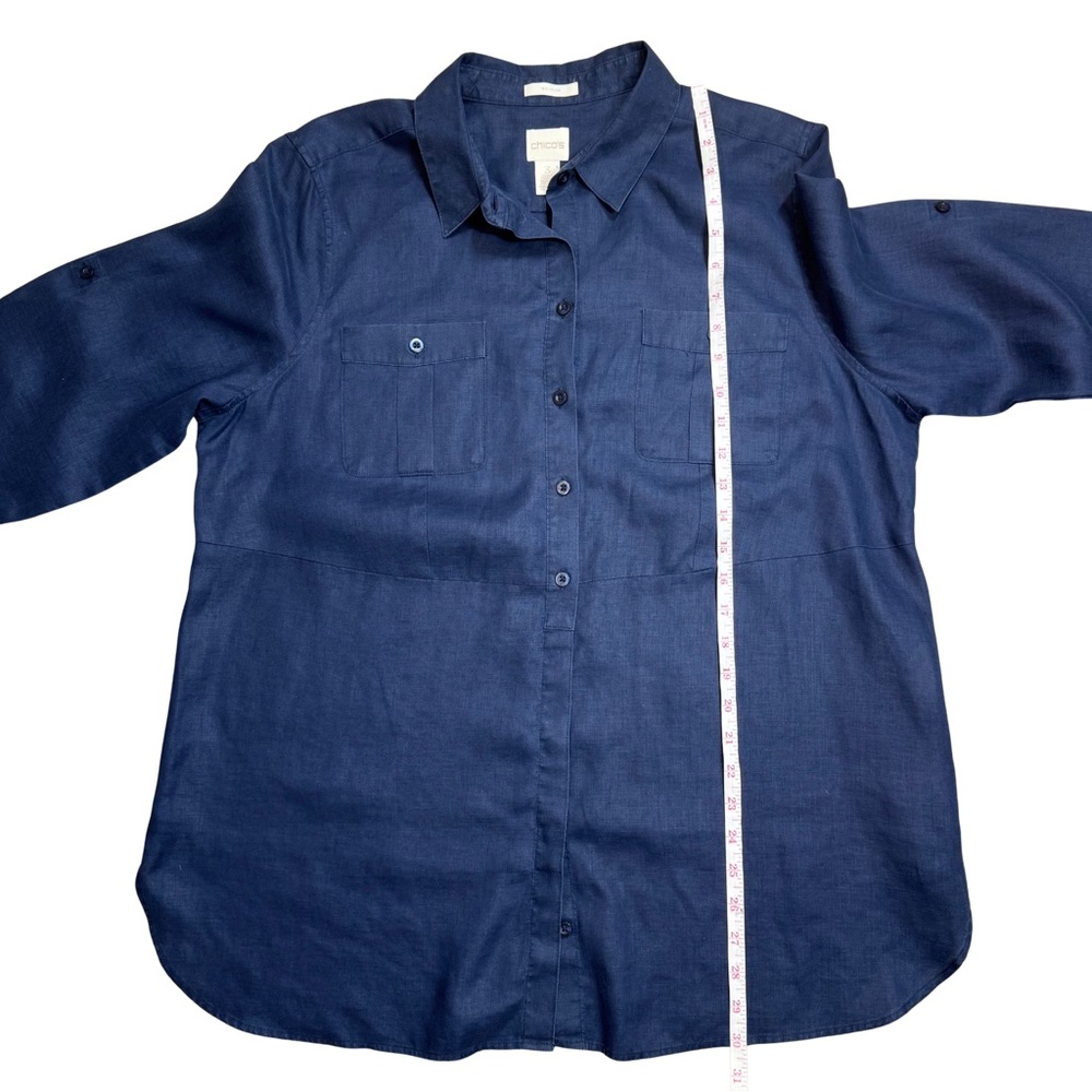 Chico’s 3 Navy Linen Roll Tab Collared Tunic Button Down No Iron Resort Beach - Picture 8 of 9